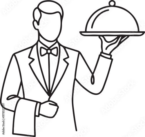 waiter line art holding tray restaurant service icon vector illustration