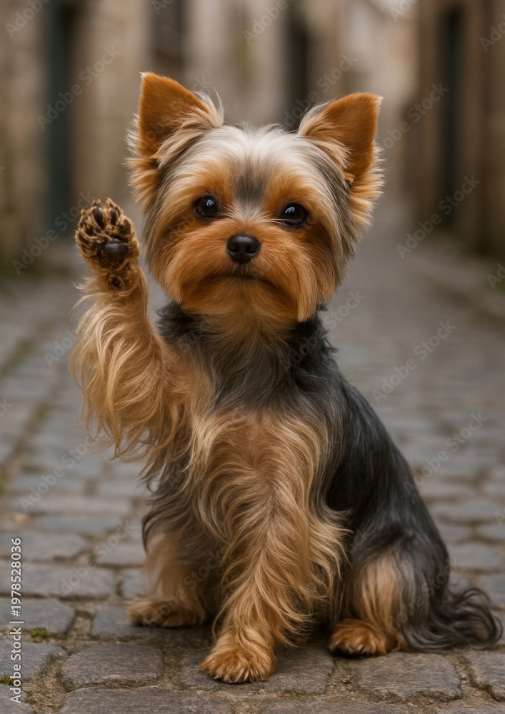 Fototapeta premium Adorable Yorkshire Terrier waving paw.
