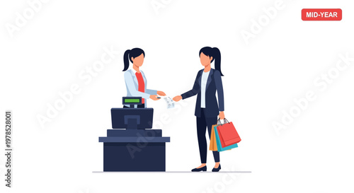 Customer completes purchase at checkout counter in retail store with shopping bags and receipt in hand