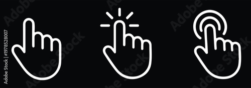 Click here icon set in line style. Hand click, Hand clicking, finger, Touch screen, pointer, cursor, gesture, mouse press push simple black style symbol sign for apps and website, vector illustration.