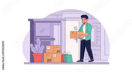 Delivery person carrying boxes to a home door at daytime in a residential neighborhood