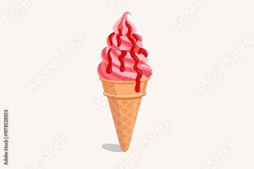 Strawberry soft serve ice cream in waffle cone with red berry syrup topping.