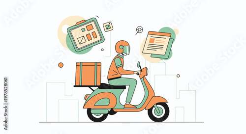 Modern vector illustration of a delivery driver on a scooter for rapid service and logistics