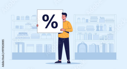 Man holds discount sign in store while shoppers browse various products on shelves in background during day