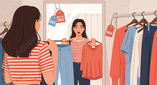 Shopping for clothes in a store during a sale with a woman looking in the mirror while holding outfits