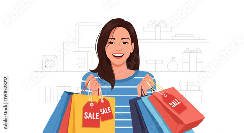 Smiling woman holding shopping bags during a sale event in a store with gift items in the background