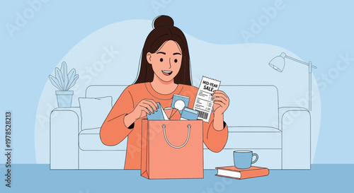 Girl opens shopping bag at home while looking at sale receipt and smiling