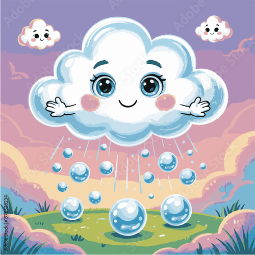A cartoon cloud with a smiling face and raindrops on a colorful background