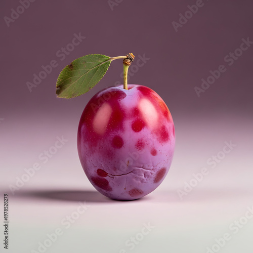 A single fresh, ripe plum with a gradient of purple and red hues, adorned with a green leaf, stands against a soft pastel background.