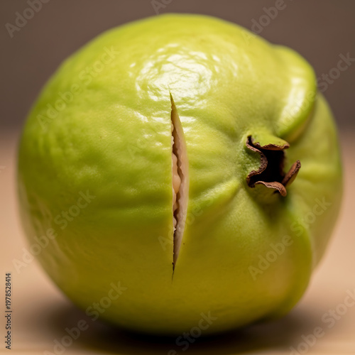 A fresh, light green guava sits upright, featuring a distinct, vertical slice revealing its potential inner texture against a muted background.