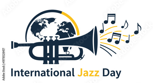 International jazz day logo featuring a trumpet and world globe design