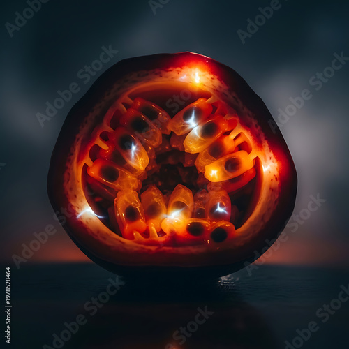A vibrant passion fruit half glows from within with an ethereal light, illuminating its intricate seeds and pulp in a dramatic, dark setting.