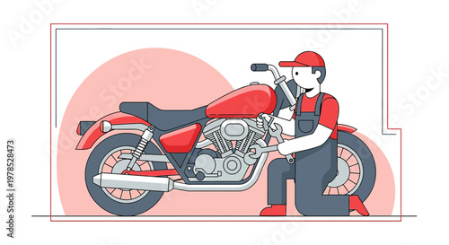 Motorcycle mechanic repairing motorbike in garage illustration, vector style with red and gray