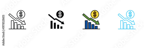 Financial Loss Icon with Downward Arrow and Dollar Coin for Economic Recession, Stock Market Crash, and Business Deficit Symbol. Symbol Vector Illustration.