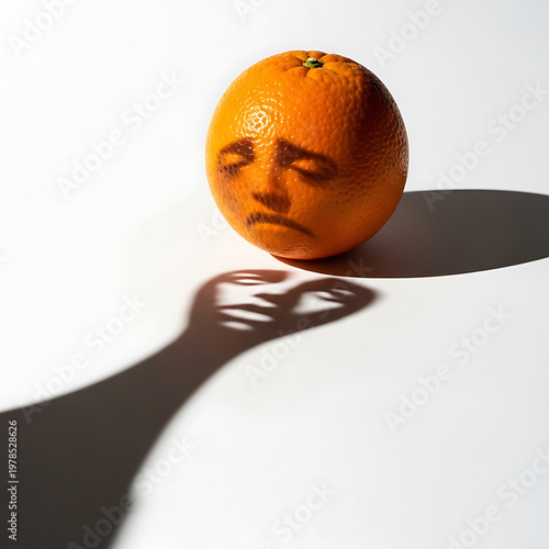 A whimsical orange fruit, anthropomorphized with a drawn sad face, casts a dramatically long shadow on a bright white surface.