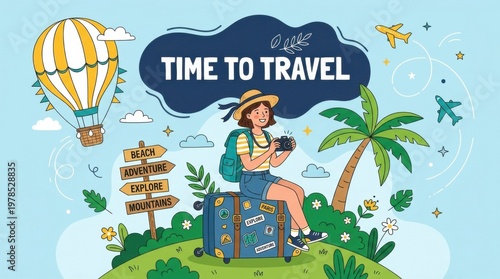 Time to Travel Concept Banner with Girl and Suitcase