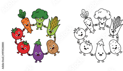 Cute Cartoon Vegetables Holding Hands Coloring Book and Color Version Set for Kids Healthy Food Educational Activity Vector Illustration