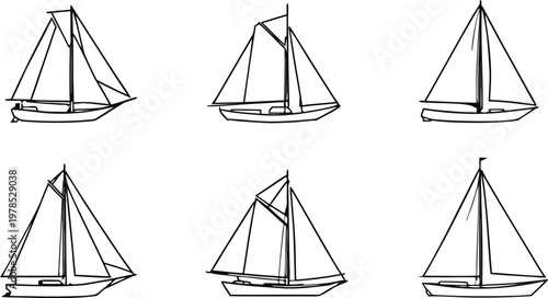 Sailing in Motion: A collection of sailboat sketches capturing the essence of maritime adventure, a journey through wind and waves, inviting the viewer to envision the thrill of the open sea.