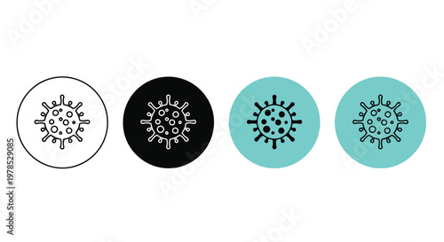 Four variations of a coronavirus cell illustration shown with different color schemes