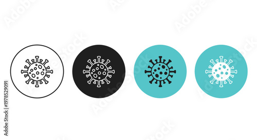 Four variations of a coronavirus cell icon shown in different color schemes and styles