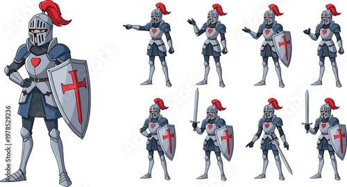 Medieval knight character set with armor, sword and shield poses isolated on white background, fantasy warrior vector illustration collection