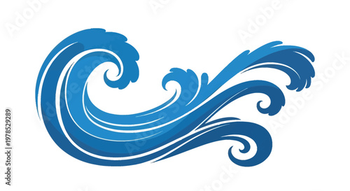 Stylized blue wave illustration with swirling dynamic water forms
