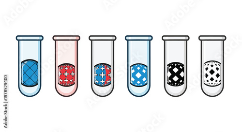 Six laboratory test tubes are shown each containing a different patterned colorful liquid
