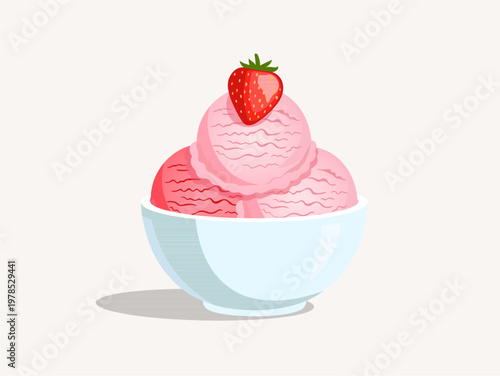 Three scoops of strawberry ice cream in a white bowl topped with a fresh whole strawberry.