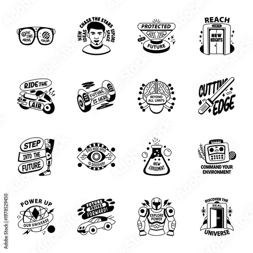 Set of Glyph Style Sci Fi Stickers 

