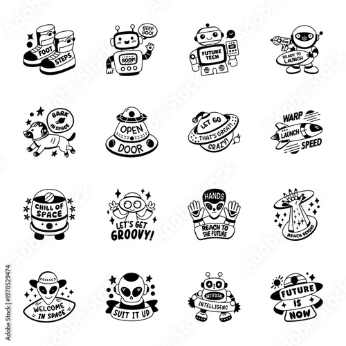 Set of Glyph Style Alien Stickers 