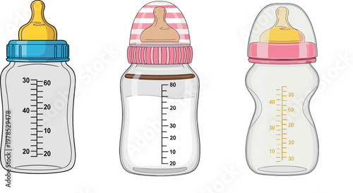 Baby feeding bottles with measurement scale detailed realistic vector illustration infant milk containers childcare equipment isolated background
