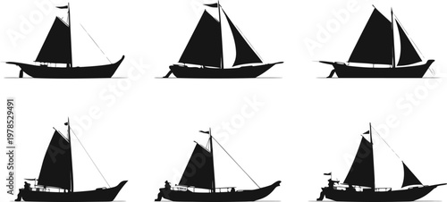 Sailing Silhouette Collection: A collection of sailboat silhouettes, showcasing the elegance of nautical vessels on the water, emphasizing the beauty of marine transportation.
