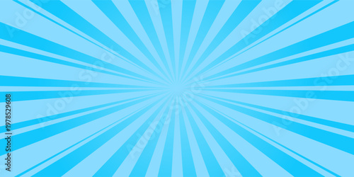 Comic background. Pop art texture. Starburst cartoon style. Anime design with explosion effect for print. Fun dot pattern. Blue backdrop with halftone gradient. Funny line frame. Vector illustration
