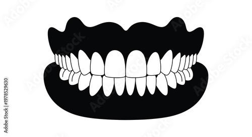 Black and white illustration of a set of human teeth and gums