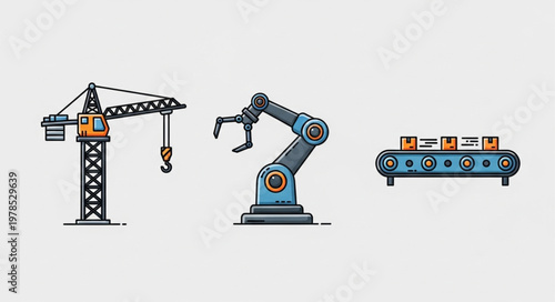 Industrial machinery including crane robot arm and conveyor belt.