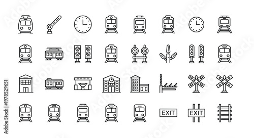 A collection of minimalist line icons representing various elements of railway transportation and infrastructure