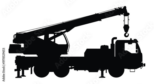 Black silhouette of a mobile crane with extended boom and hook