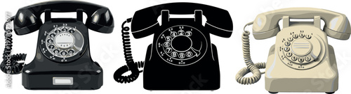 Vintage rotary telephone set isolated on white background, classic retro communication devices in black silhouette and realistic vector illustration