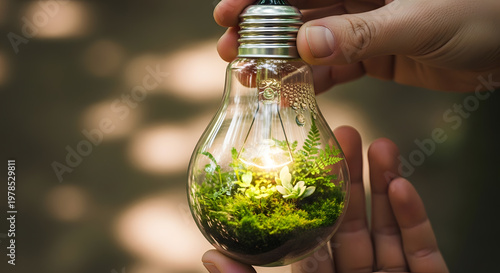 Hands holding a glowing light bulb terrarium with vibrant green moss inside, symbolizing sustainable energy and environmental innovation.
