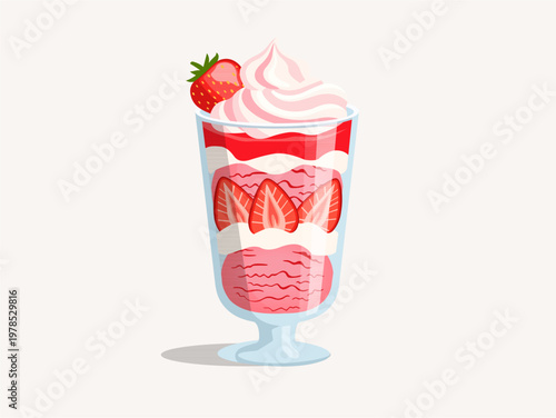 Delicious strawberry parfait in glass with whipped cream and fresh berry slices.