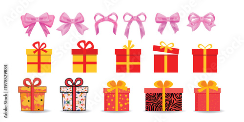 Set of gift boxes and bows in various styles and shapes icon, sign. symbol and element vector illustration. Isolated on white background. Perfect for celebrations, holidays, birthdays, festive design.