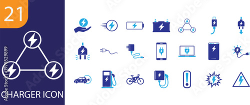 Charge icon set in modern styles for battery, power, energy, charging devices, and technology design