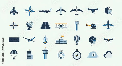 Collection of aviation and transport icons in flat design style.