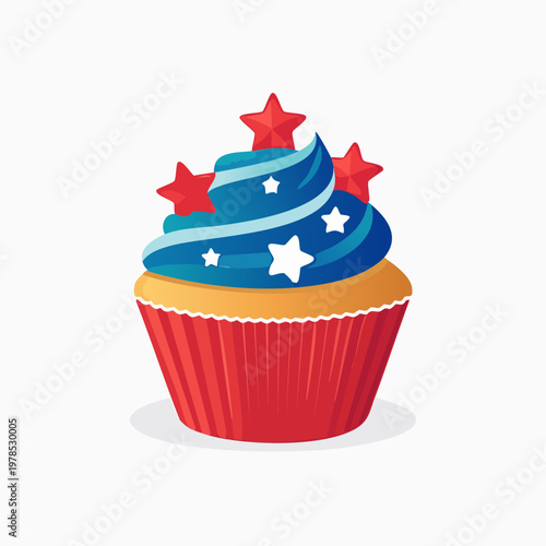 Patriotic cupcake with red, white, and blue frosting decorated with stars on a white background.