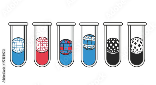 A series of test tubes contain spherical objects with differing patterns and colored liquids