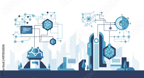 A modern, clean illustration depicting a connected urban environment, ideal for representing smart cities, data flow, and technological innovation in 
