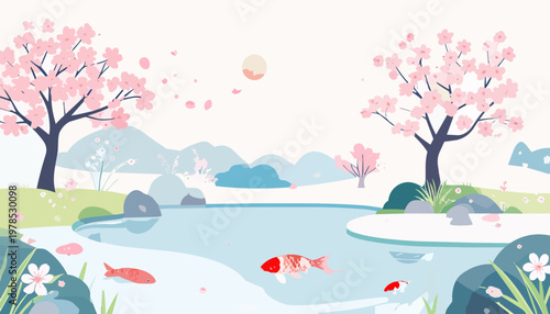 Japanese cherry tree with pink cherry blossoms in spring by lake with snow illustrator drawing, Serene garden with a koi pond and cherry blossom trees, editable SVG, Vector illustrator drawing