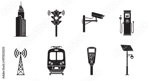 A collection of urban infrastructure and technology icons on a white background