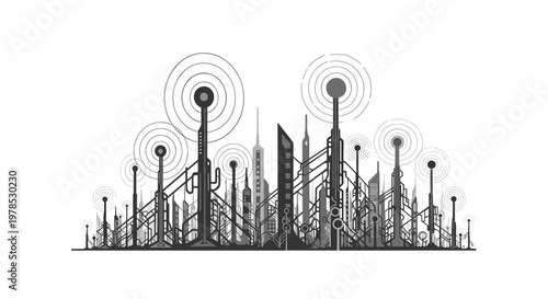 A modern, abstract illustration depicting a futuristic cityscape. Evokes progress, innovation, and a dynamic future, suitable for tech marketing or we