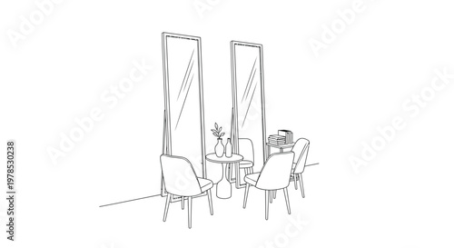 A minimalist line drawing depicts two full length mirrors chairs a small table and decorative objects